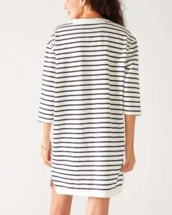 Amelia Tee Dress -Mersea Sales Store womens navy striped midweight v neck drop shoulders amelia tee dress rear view