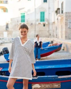 Amelia Tee Dress -Mersea Sales Store womens navy striped midweight v neck drop shoulders amelia tee dress travel destination look