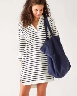Amelia Tee Dress -Mersea Sales Store womens navy striped midweight v neck drop shoulders amelia tee dress with bag