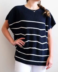 Camden Short Sleeve Sweater 40 Camden Short Sleeve Sweater -Mersea Sales Store womens navy striped short sleeve sweater buttons one size chest view