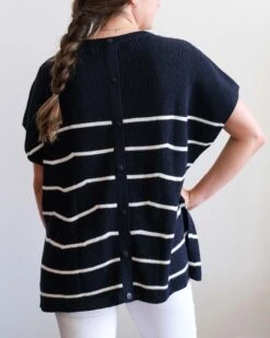Camden Short Sleeve Sweater 41 Camden Short Sleeve Sweater -Mersea Sales Store womens navy striped short sleeve sweater buttons one size rear view detail