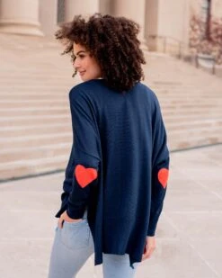 Amour Sweater 37 Amour Sweater -Mersea Sales Store womens navy sweater red hearts one size back view