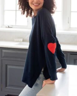 Amour Sweater 41 Amour Sweater -Mersea Sales Store womens navy sweater red hearts one size side view