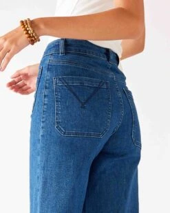 Nomad Cropped Sailor Jean -Mersea Sales Store womens patch pocket stretchy cropped wide leg blue jeans close up rear view back pocket detail