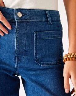 Nomad Cropped Sailor Jean -Mersea Sales Store womens patch pocket stretchy cropped wide leg blue jeans front view close up patch pocket detail