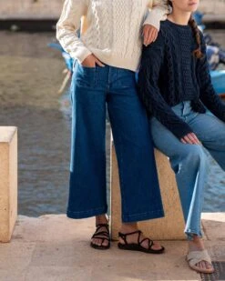 Nomad Cropped Sailor Jean -Mersea Sales Store womens patch pocket stretchy cropped wide leg blue jeans front view travel destination look