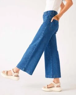Nomad Cropped Sailor Jean -Mersea Sales Store womens patch pocket stretchy cropped wide leg blue jeans side view stepping
