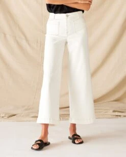 Nomad Cropped Sailor Jean -Mersea Sales Store womens patch pocket stretchy cropped wide leg white jeans front view
