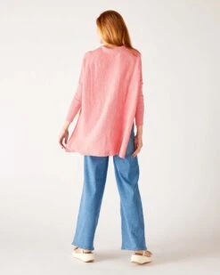 Catalina Polo Sweater -Mersea Sales Store womens pink heathered collared v neck polo sweater flowing rear view