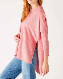 Catalina Polo Sweater -Mersea Sales Store womens pink heathered collared v neck polo sweater side view side slit detail
