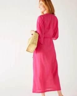 Breezy Kaftan Dress -Mersea Sales Store womens pink lightweight breathable cinch waist front slit wide elbow length sleeves breezy kaftan dress rear view