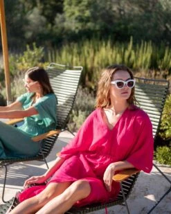 Breezy Kaftan Dress -Mersea Sales Store womens pink lightweight breathable cinch waist front slit wide elbow length sleeves breezy kaftan dress travel destination look 2