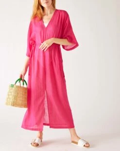 Breezy Kaftan Dress -Mersea Sales Store womens pink lightweight breathable cinch waist front slit wide elbow length sleeves breezy kaftan dress with bag