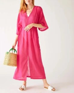 MerSea - Breezy Kaftan Dress - Magenta -Mersea Sales Store womens pink lightweight breathable cinch waist front slit wide elbow length sleeves breezy kaftan dress with bag 4c01ebcd 34cf 4d7f 9384 3af0be9eb6dd