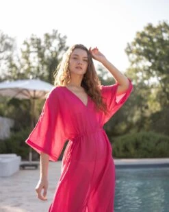 Breezy Kaftan Dress -Mersea Sales Store womens pink maxi coverup dress front view pool look