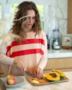 Catalina Sweater -Mersea Sales Store womens pink red striped crewneck sweater oversized chest view casual look