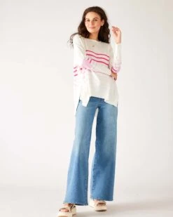 Amour Sweater 35 Amour Sweater -Mersea Sales Store womens pink striped sweater pink hearts one size chest view outfit