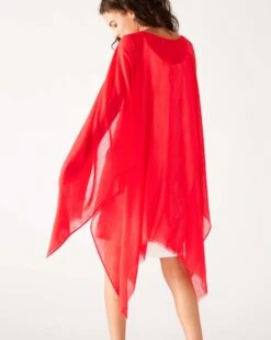 Nellie Wrap -Mersea Sales Store womens red breathable lightweight fringe hem multi functional nellie travel wrap rear view shoulder drape