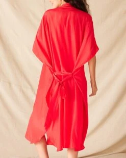 Mallorca Kaftan Dress 18 Mallorca Kaftan Dress -Mersea Sales Store womens red mallorca kaftan dress and coverup with button up front sleeveless drop shoulder and removable self belt rear view