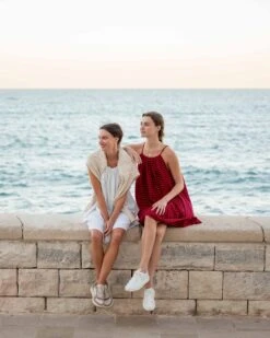 Sailor Slub Tee Dress -Mersea Sales Store womens red navy striped knee length sailor slub tee dress adjustable tunnel neckline sitting travel destination look