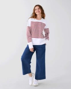 Boater Longsleeve Shirt -Mersea Sales Store womens red striped heavy jersey knit crewneck tee shirt with small chest pocket front view 1