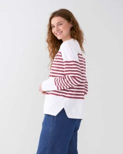Boater Longsleeve Shirt -Mersea Sales Store womens red striped heavy jersey knit crewneck tee shirt with small chest pocket side view