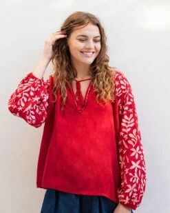 Palermo Embroidered Blouse -Mersea Sales Store womens red white embroidered blouse long sleeve front sleeve view