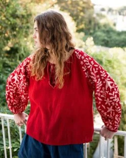 Palermo Embroidered Blouse -Mersea Sales Store womens red white embroidered blouse long sleeve front view