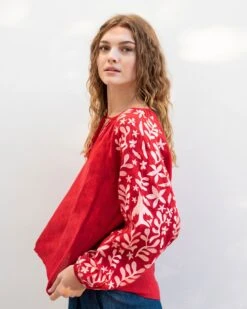 Palermo Embroidered Blouse -Mersea Sales Store womens red white embroidered blouse long sleeve side view