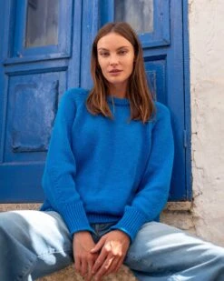 Amalfi Crewneck Pullover -Mersea Sales Store womens royal blue soft crewneck stitched sweater front view travel destionation look