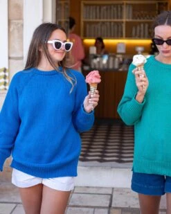 Amalfi Crewneck Pullover -Mersea Sales Store womens royal blue soft crewneck stitched sweater front view travel destionation look ice cream