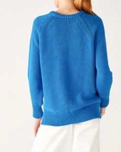 Amalfi Crewneck Pullover -Mersea Sales Store womens royal blue soft crewneck stitched sweater rear view