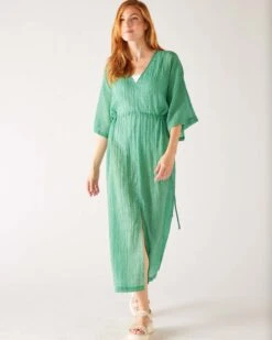 Breezy Kaftan Dress -Mersea Sales Store womens sea green lightweight breathable cinch waist front slit wide elbow length sleeves breezy kaftan dress front view