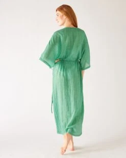 Breezy Kaftan Dress -Mersea Sales Store womens sea green lightweight breathable cinch waist front slit wide elbow length sleeves breezy kaftan dress rear view