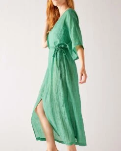 Breezy Kaftan Dress -Mersea Sales Store womens sea green lightweight breathable cinch waist front slit wide elbow length sleeves breezy kaftan dress side view