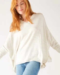 Catalina V-Neck Sweater -Mersea Sales Store womens sea salt vneck sweater one size chest view drape