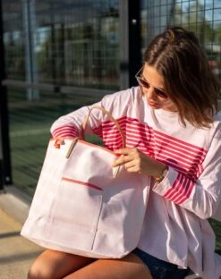 MerSea - Le Canvas Tote - Strawberry Milk (Add-On) 7 MerSea - Le Canvas Tote - Strawberry Milk (Add-On) -Mersea Sales Store womens sporty pink striped slub oversized tee sporty outfit