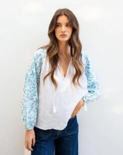 Palermo Embroidered Blouse -Mersea Sales Store womens white blue embroidered blouse long sleeve front view