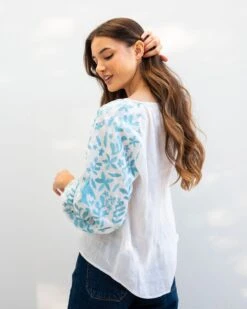Palermo Embroidered Blouse -Mersea Sales Store womens white blue embroidered blouse long sleeve rear view