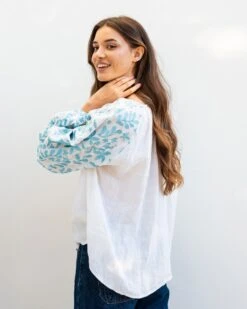 Palermo Embroidered Blouse -Mersea Sales Store womens white blue embroidered blouse long sleeve side view