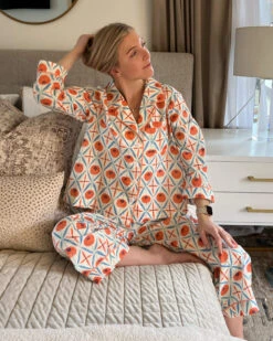 Over The Cotton Moon Pajama Set - Zinnias -Mersea Sales Store womens white blue orange zinnias print wide legged pajama set with pockets and ribbon tie home view