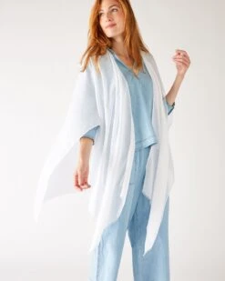 Nellie Wrap -Mersea Sales Store womens white breathable lightweight fringe hem multi functional nellie travel wrap side view