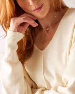 Toujours V-neck Sweater -Mersea Sales Store womens white everyday high low waist jersey knit pullover v neck troujour sweater close up front view