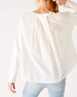 Moderne Pocket Crewneck Tee -Mersea Sales Store womens white front pocket pleated back crew neck long sleeve tee rear view pleat detail