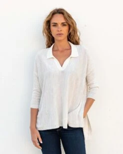 Catalina Polo Sweater -Mersea Sales Store womens white heathered collared v neck polo sweater front view hand in pocket