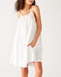 Sailor Slub Tee Dress -Mersea Sales Store womens white knee length sailor slub tee dress adjustable tunnel neckline front view