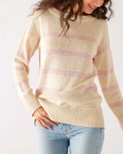 Seasider Boatneck Sweater -Mersea Sales Store womens white light pink striped heather lightwieght crewneck seasider sweater front view