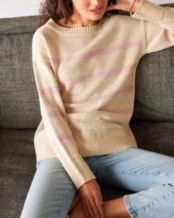 Seasider Boatneck Sweater -Mersea Sales Store womens white light pink striped heather lightwieght crewneck seasider sweater front view sitting