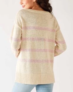 Seasider Boatneck Sweater -Mersea Sales Store womens white light pink striped heather lightwieght crewneck seasider sweater rear view