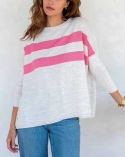 Catalina Sweater -Mersea Sales Store womens white pink striped crewneck sweater oversized chest view